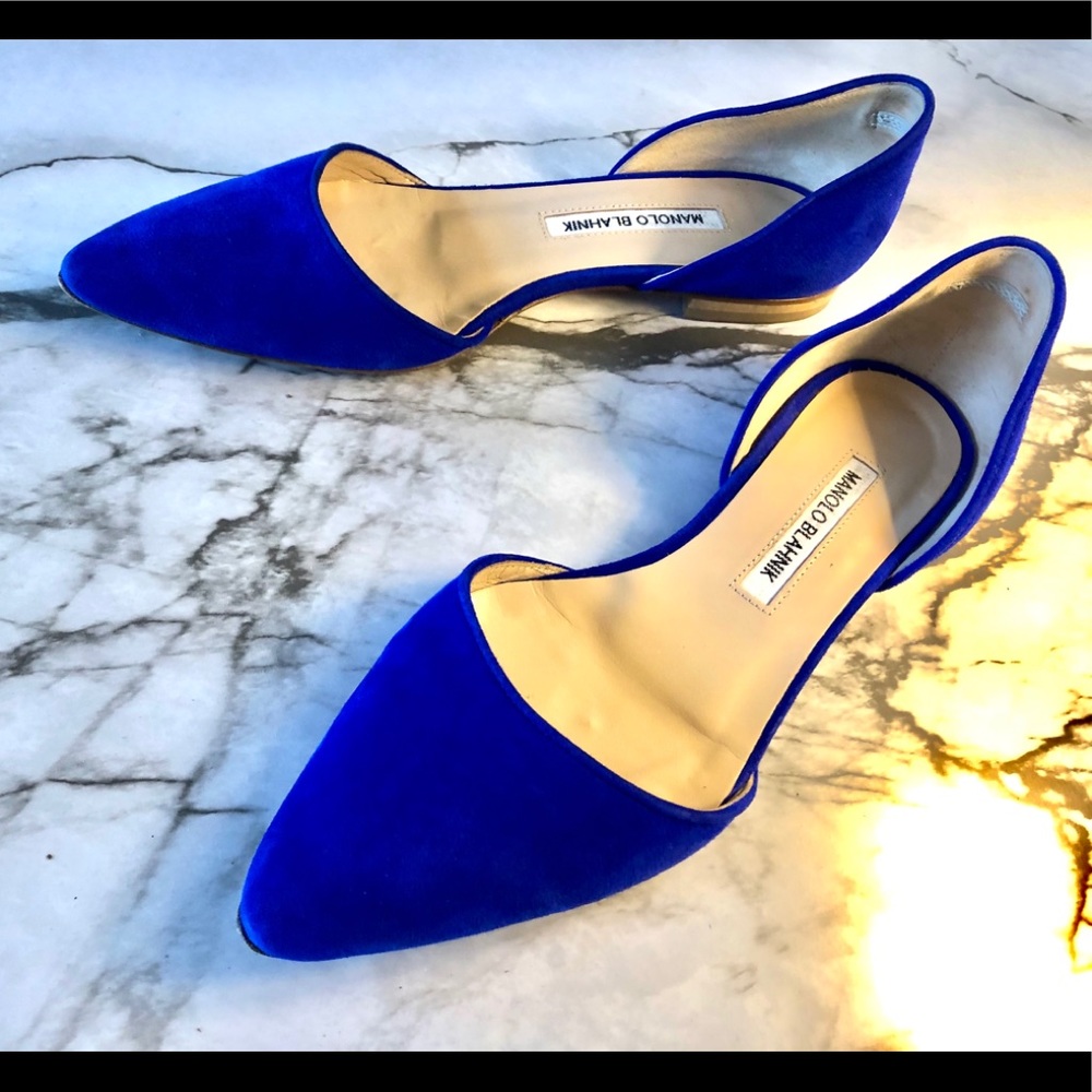 MANOLO BLAHNIK Electric Blue Suede Pointed Dorsay Flats